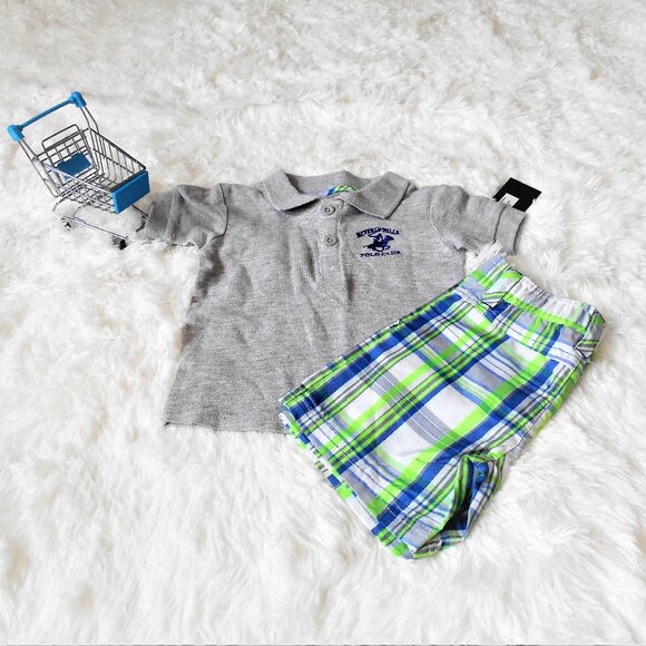 Beverly Hills Polo Club 2 Piece Short Set Boys Grey Plaid 12M - Picture 1 of 12